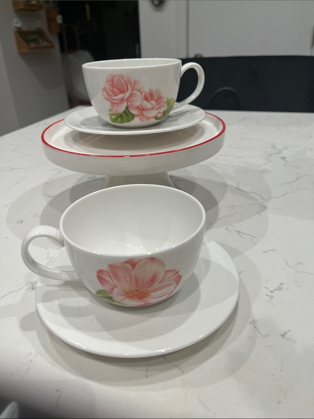 Martha Stewart White Porcelain Teacups with Pink Floral Design